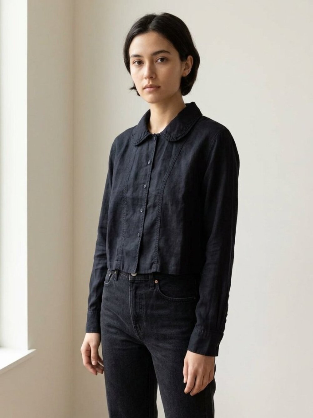 Les Tien Iris Club Collar Cropped Button-Up Blouse Black Viscose Linen | Size M
